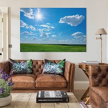 絵画インテリア絵 額付 (銀) 油絵　 F4-080111　風景（草原青い空） 絵画インテリア絵 額付 (銀) 油絵 F4-080111 風景（草原青い空）